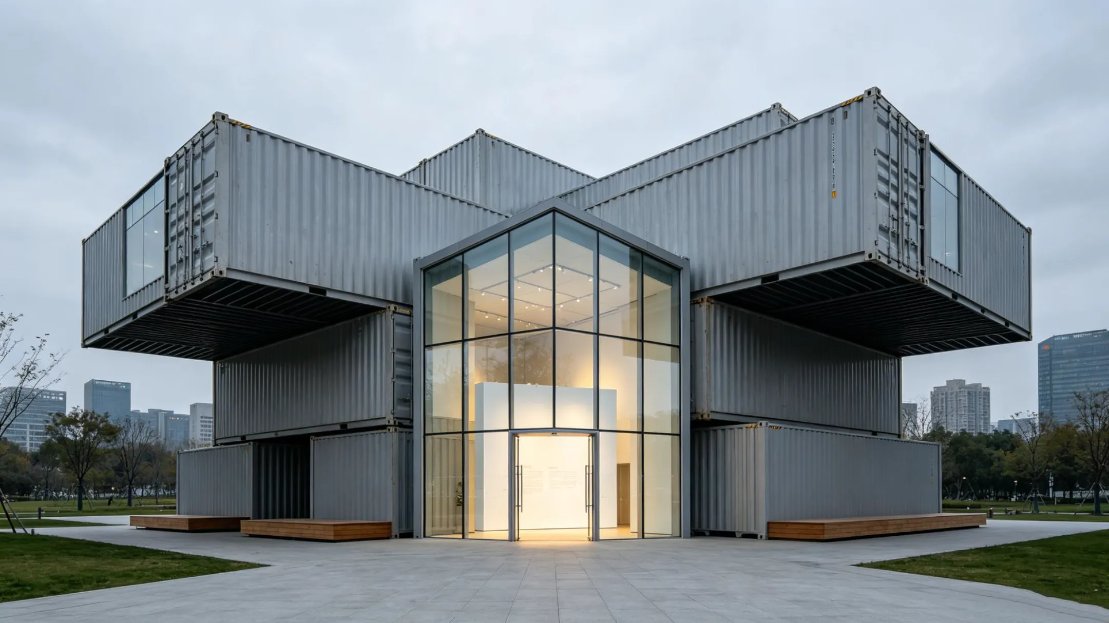 Costruzione di una sala espositiva per container