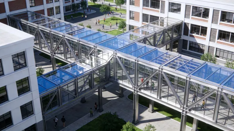 Corridoio del campus con struttura in acciaio