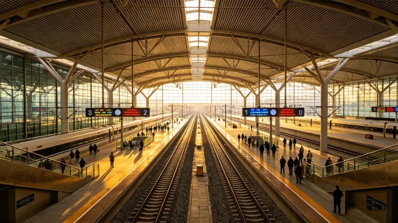 Stazione di snodo ferroviario ad alta velocità con struttura in acciaio
